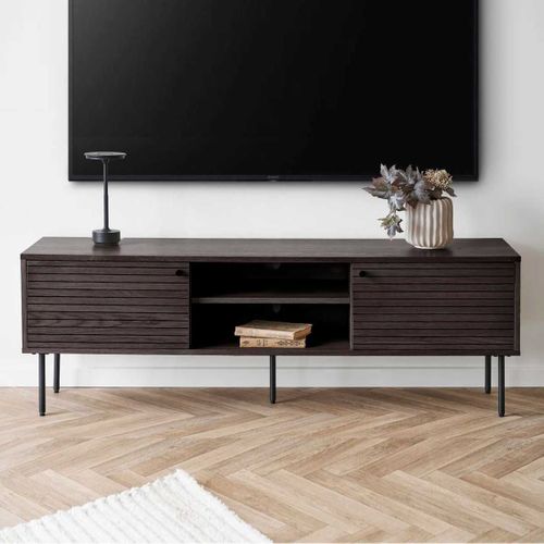 Meuble TV 2 Niches 2 Portes Effet Tasseaux Teinté Chêne Foncé - Lowan