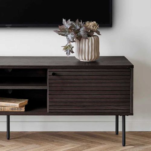 Meuble TV 2 Niches 2 Portes Effet Tasseaux Teinté Chêne Foncé - Lowan