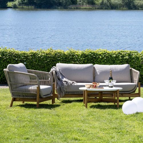 Table Basse Ronde Ø84,5cm En Acacia Plateau En Terrazzo - Loriena