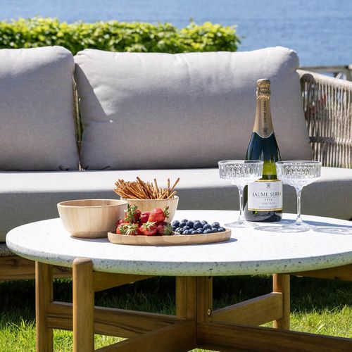 Table Basse Ronde Ø84,5cm En Acacia Plateau En Terrazzo - Loriena