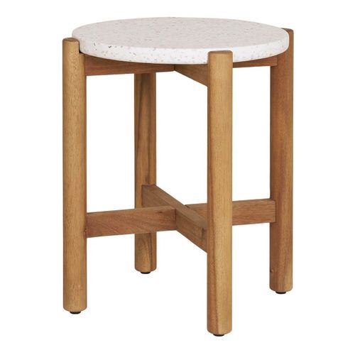 Table Basse Ronde D.37cm En Acacia Plateau En Terrazzo - Loriena