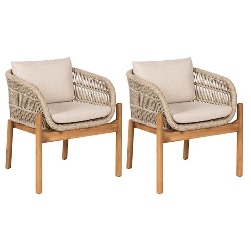 Lot De 2 Fauteuils De Table De Jardin En Acacia Et Corde Beige Avec Coussins - Loriena