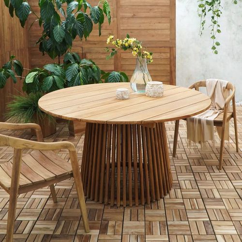 Table Repas De Jardin Ø120cm En Teck Massif Pied Central Ajouré - Liricia