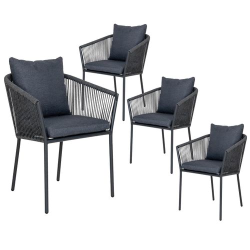 Lot De 4 Fauteuils De Jardin En Aluminium Noir Corde Et Coussins Anthracite - Karrige