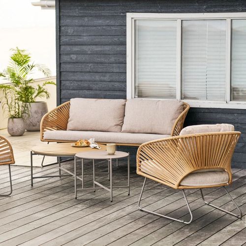 Salon De Jardin Complet Tables Gigogne Beige En Acier Et Imitation Rotin - Noalia