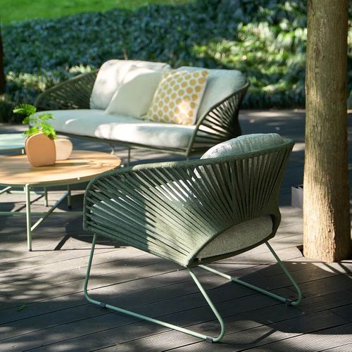 Salon De Jardin Complet Tables Gigogne Vert En Acier Et Imitation Rotin - Noalia