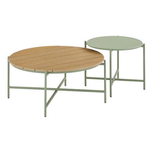 Salon De Jardin Complet Tables Gigogne Vert En Acier Et Imitation Rotin - Noalia