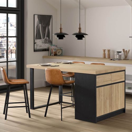 Ilôt De Cuisine Plateau 230cm Avec Rangement Aspect Bois Pieds Métal - Kaldari
