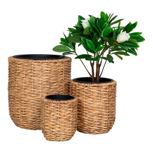 Lot De 3 Cache-pots En Jacinthe D'eau Naturelle Doublés De Pots En Plastiques - Alizee