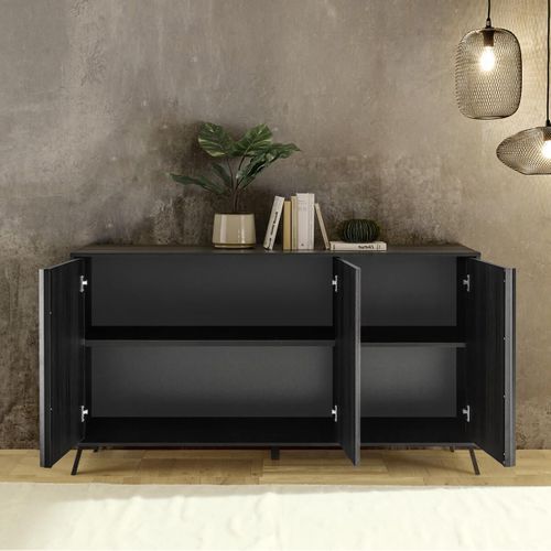Buffet 3 Portes Aspect Chêne Noir Pieds Métal Noir - Kansas Black