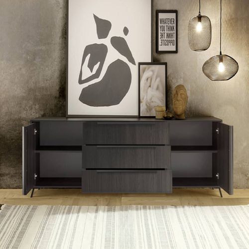 Buffet 2 Portes 3 Tiroirs Aspect Chêne Noir Pieds Métal Noir - Kansas Black