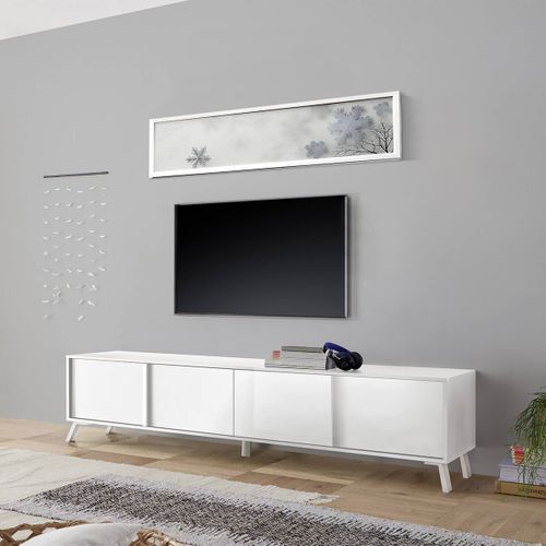 Meuble TV 4 Portes Laqué Blanc Pieds Métal - Kansas White