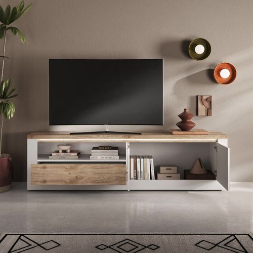 Meuble TV 2 Portes  Blanc Et Aspect Chêne Finition Cadiz Avec LED - Isalia