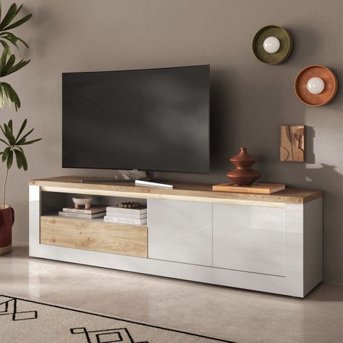 Meuble TV 2 Portes  Blanc Et Aspect Chêne Finition Cadiz Avec LED - Isalia