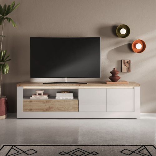 Meuble TV 2 Portes  Blanc Et Aspect Chêne Finition Cadiz Avec LED - Isalia