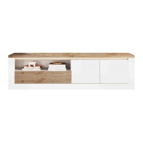 Meuble TV 2 Portes  Blanc Et Aspect Chêne Finition Cadiz Avec LED - Isalia