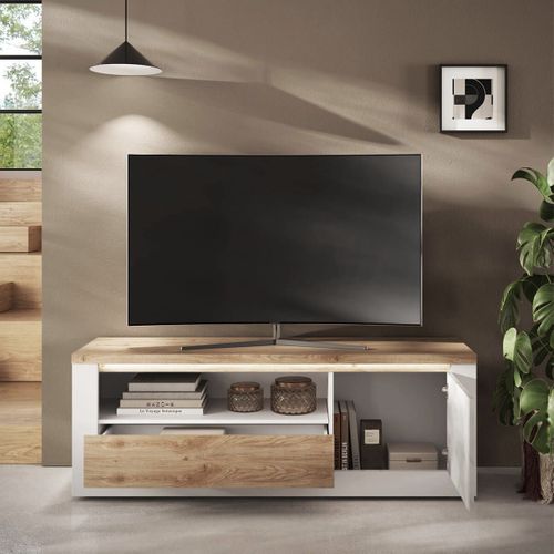 Meuble TV 1 Portes  Blanc Et Aspect Chêne Finition Cadiz Avec LED - Isalia
