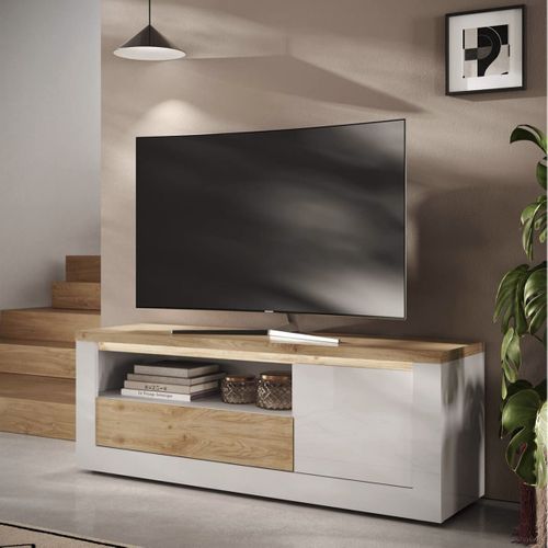 Meuble TV 1 Portes  Blanc Et Aspect Chêne Finition Cadiz Avec LED - Isalia
