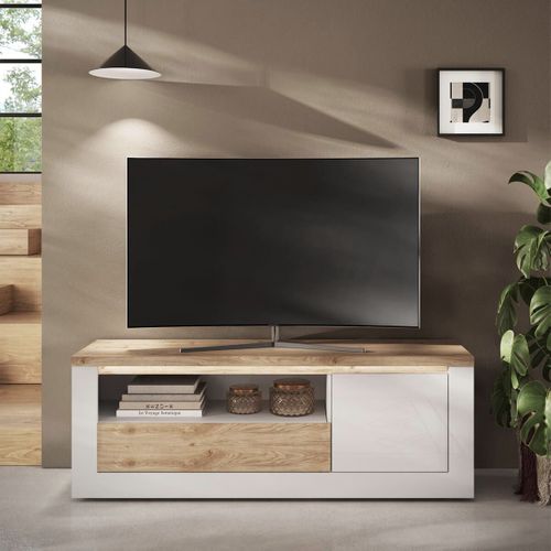 Meuble TV 1 Portes  Blanc Et Aspect Chêne Finition Cadiz Avec LED - Isalia