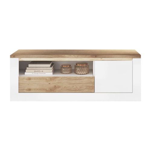 Meuble TV 1 Portes  Blanc Et Aspect Chêne Finition Cadiz Avec LED - Isalia