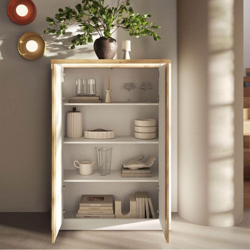 Rangement 4 Portes Blanc Et Aspect Chêne Finition Cadiz Avec LED - Isalia