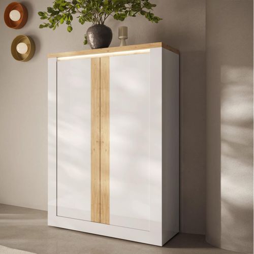Rangement 4 Portes Blanc Et Aspect Chêne Finition Cadiz Avec LED - Isalia