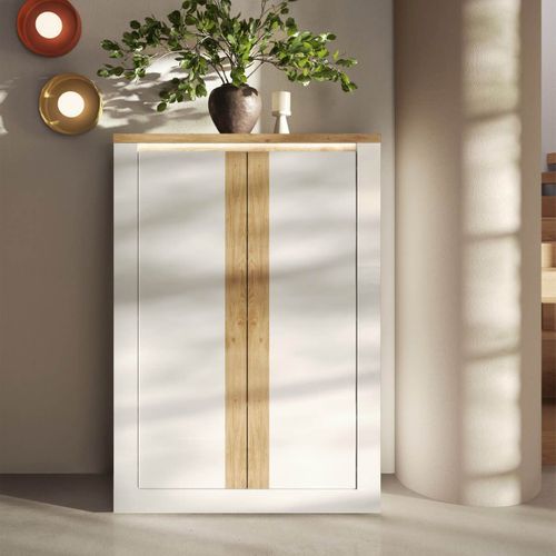 Rangement 4 Portes Blanc Et Aspect Chêne Finition Cadiz Avec LED - Isalia