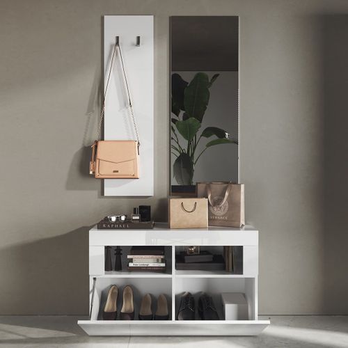 Meuble à Chaussures Avec Miroir Et Portemanteau Muraux Blanc Laqué Weiss - Otello