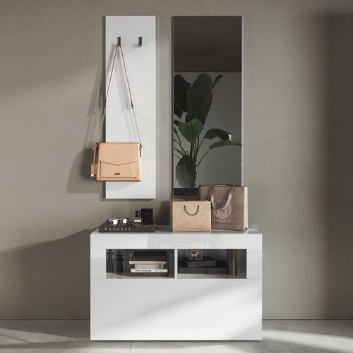 Meuble à Chaussures Avec Miroir Et Portemanteau Muraux Blanc Laqué Weiss - Otello