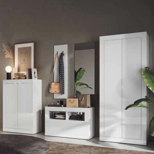 Meuble à Chaussures Avec Miroir Et Portemanteau Muraux Blanc Laqué Weiss - Otello