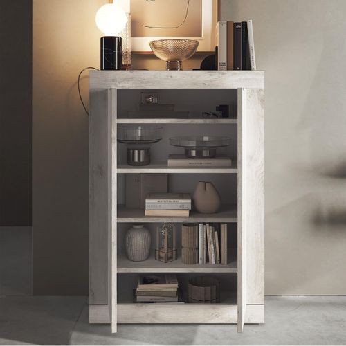 Meuble D'entrée 2 Portes 4 Étagères Aspect Bois Blanchi - Rovica