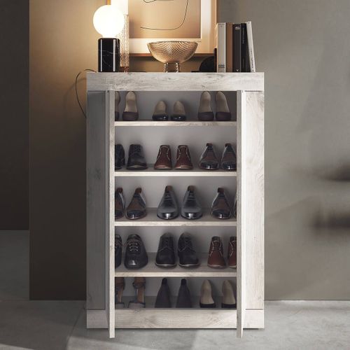 Meuble D'entrée 2 Portes 4 Étagères Aspect Bois Blanchi - Rovica