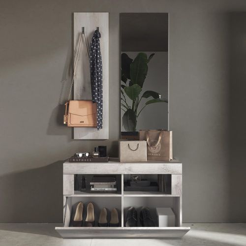 Meuble à Chaussures Avec Miroir Et Portemanteau Muraux Aspect Bois Blanchi - Rovica
