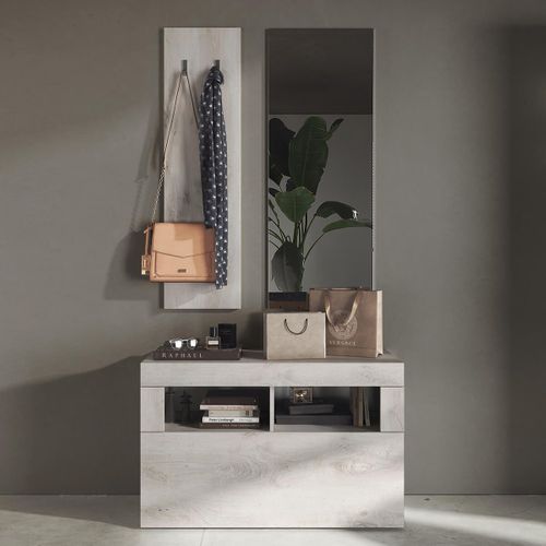 Meuble à Chaussures Avec Miroir Et Portemanteau Muraux Aspect Bois Blanchi - Rovica