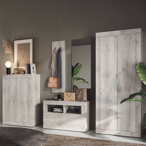 Meuble à Chaussures Avec Miroir Et Portemanteau Muraux Aspect Bois Blanchi - Rovica