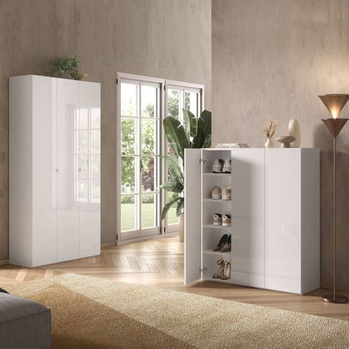 Armoire à Chaussures 3 Portes 12 Étagères Laqué Blanc - Maheline