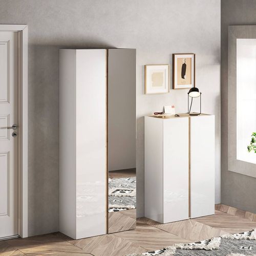 Armoire à Chaussures 2 Portes 1 Miroir Blanc Et Aspect Bois Finition Cadiz - Kader