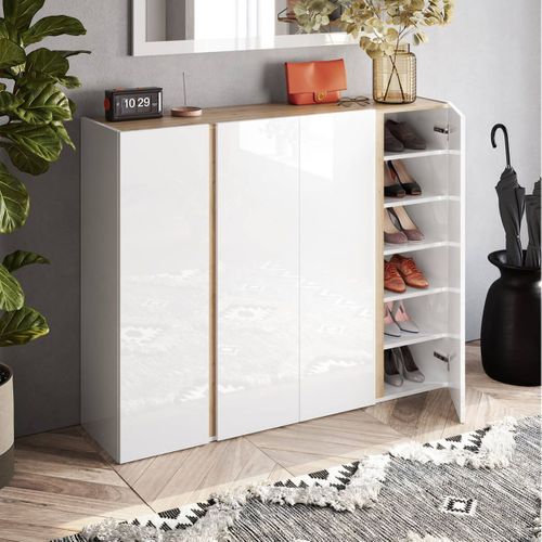 Meuble à Chaussures 4 Portes Blanc Et Aspect Bois Finition Cadiz - Kader