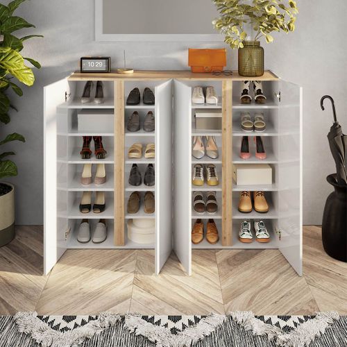 Meuble à Chaussures 4 Portes Blanc Et Aspect Bois Finition Cadiz - Kader