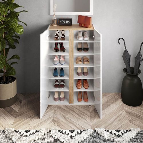 Meuble à Chaussures 2 Portes Blanc Et Aspect Bois Finition Cadiz - Kader