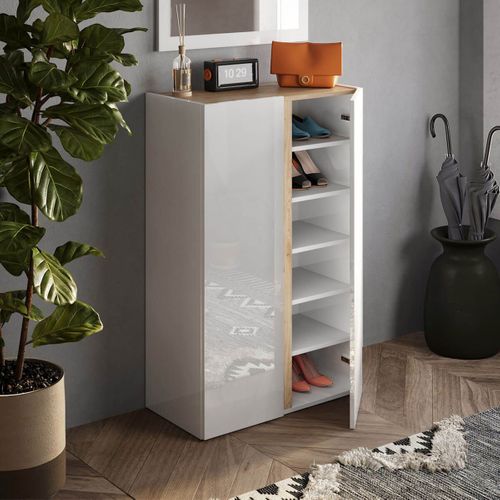 Meuble à Chaussures 2 Portes Blanc Et Aspect Bois Finition Cadiz - Kader