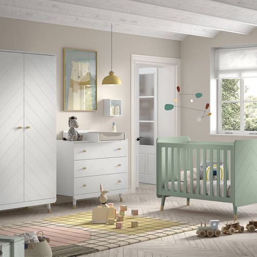 Chambre Avec Lit Bébé Vert + Table à Langer + Armoire 2 Portes - Tiny White