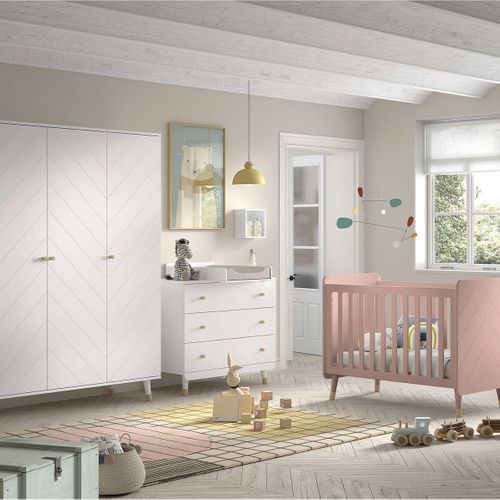 Chambre Avec Lit Bébé Rose + Table à Langer + Armoire 3 Portes - Tiny White