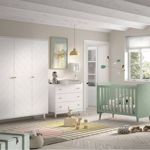 Chambre Avec Lit Bébé Vert + Table à Langer + Armoire 3 Portes - Tiny White