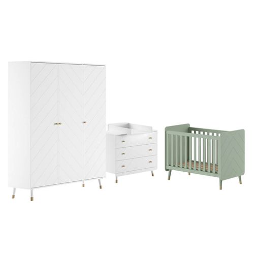Chambre Avec Lit Bébé Vert + Table à Langer + Armoire 3 Portes - Tiny White