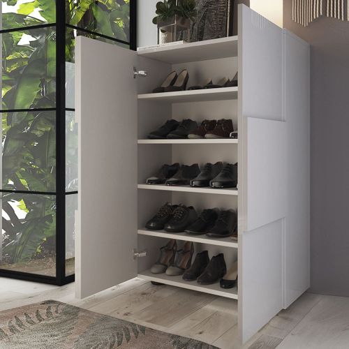 Meuble D'entrée 2 Portes 4 Étagères Blanc Laqué Weiss Relief Damiers - Rebecca