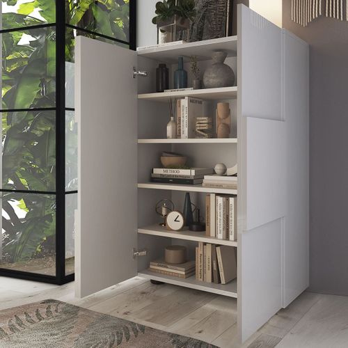 Meuble D'entrée 2 Portes 4 Étagères Blanc Laqué Weiss Relief Damiers - Rebecca