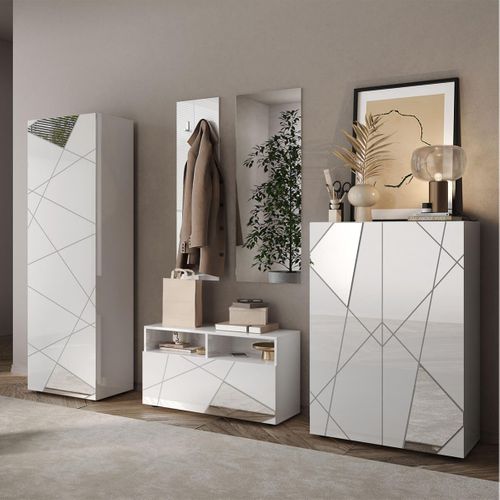 Meuble à Chaussures + Miroir + Portemanteau Muraux Blanc Laqué Et Miroirs - Oriana