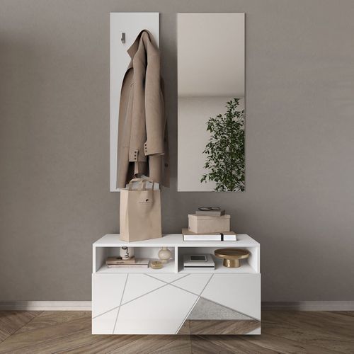 Meuble à Chaussures + Miroir + Portemanteau Muraux Blanc Laqué Et Miroirs - Oriana