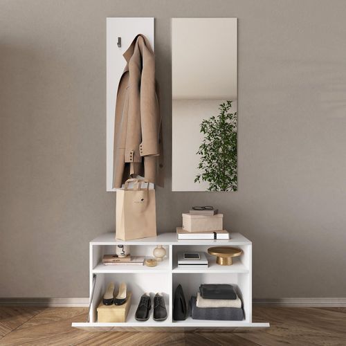 Meuble à Chaussures + Miroir + Portemanteau Muraux Blanc Laqué Et Miroirs - Oriana